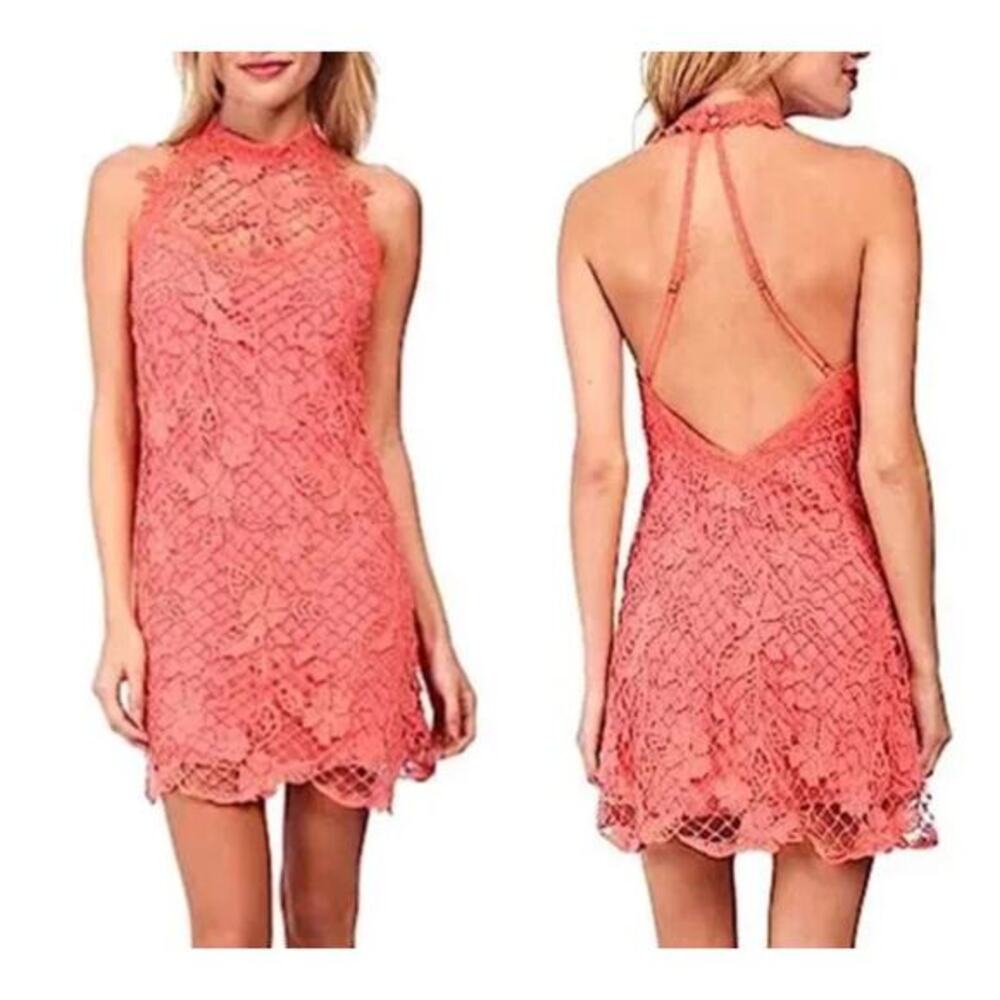 Free people Pink Embroidered Lace Backless Mini Dress party collection
